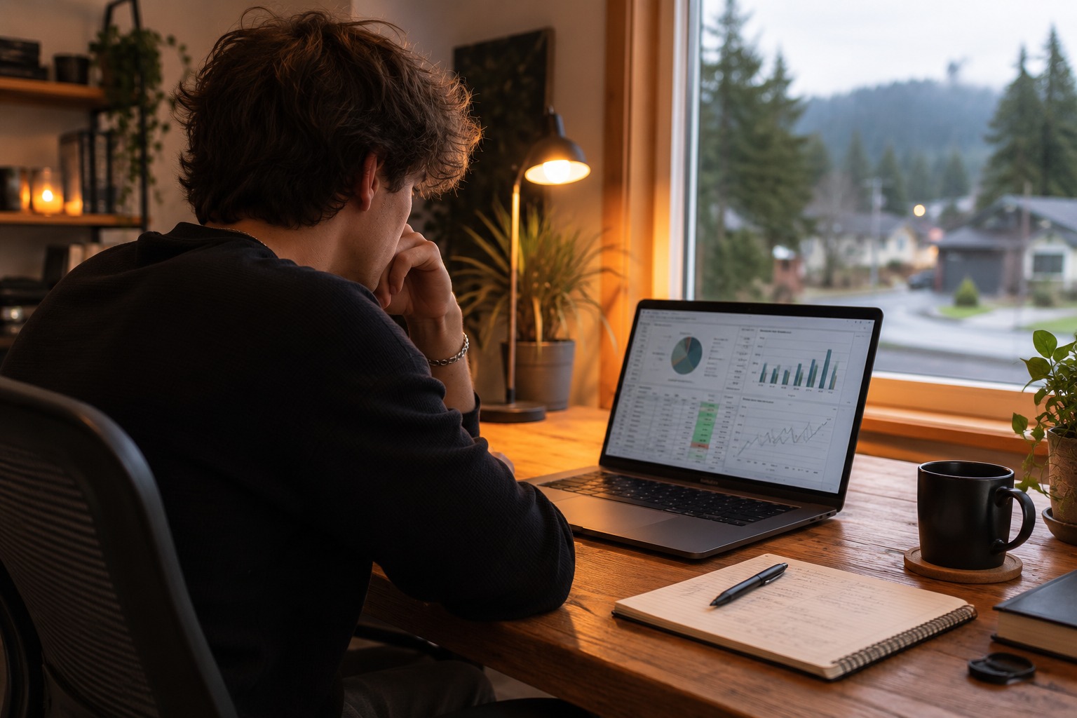 Business owner reviewing local SEO pricing and budget charts on a laptop at a home office in Estacada, OR (Portland metro)