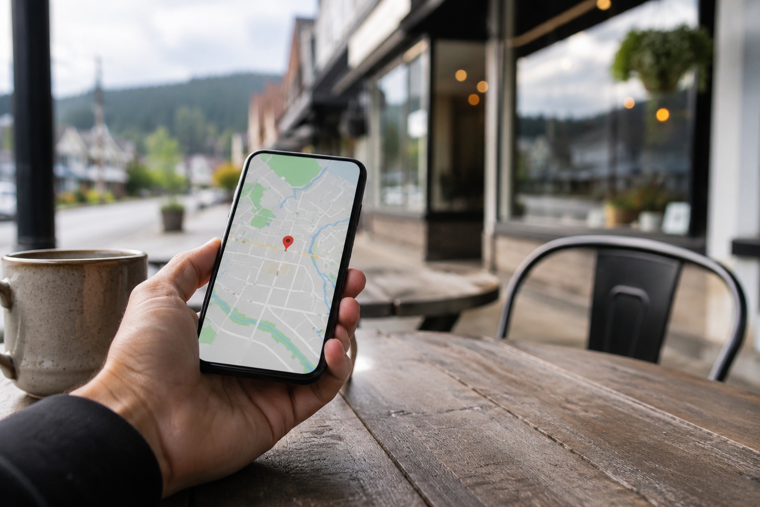 Hand holding a smartphone showing a Google Maps location pin on a downtown street in Estacada, OR (Portland metro) — NAP consistency and local citations