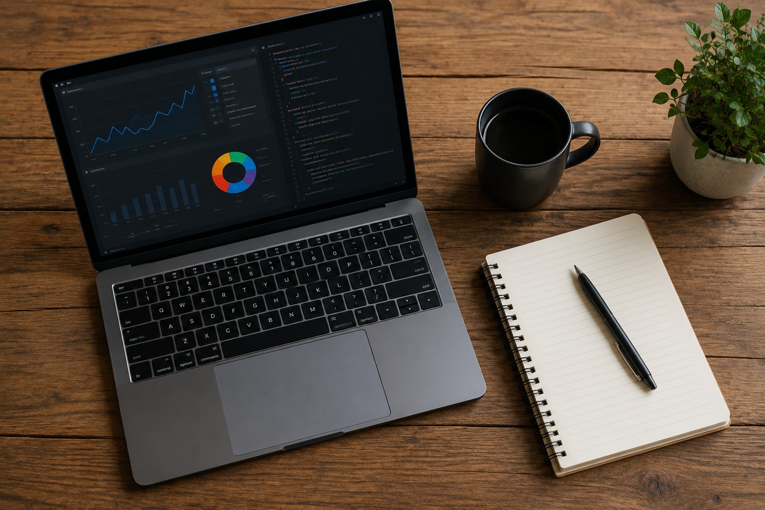 Overhead flat-lay of a laptop showing code and an analytics dashboard next to a notebook and coffee — local business schema markup and technical SEO in Estacada, OR (Portland metro)